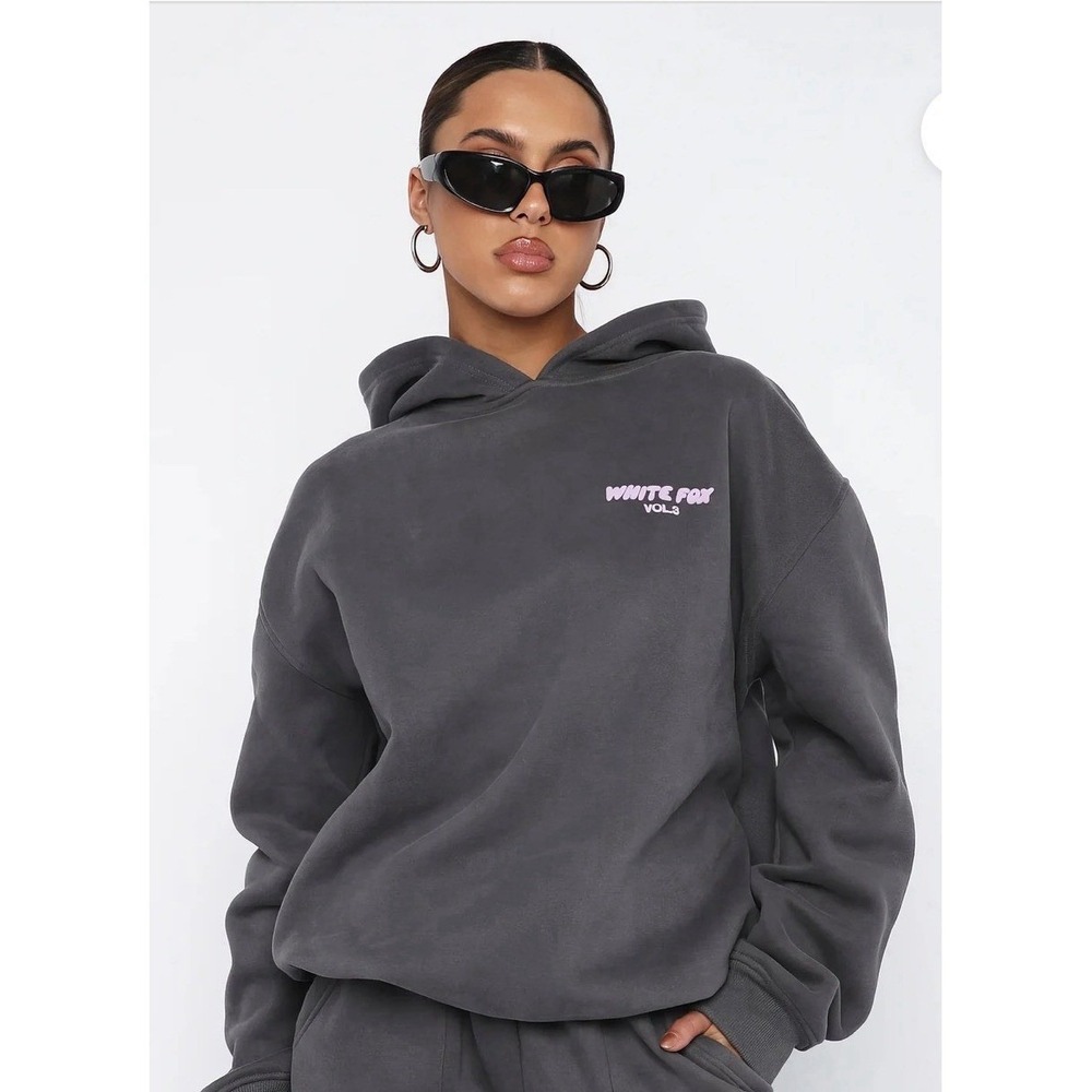 White Fox Boutique Hoodie Women M/L Grey Excellent Vol.3 Oversized Puff Print
